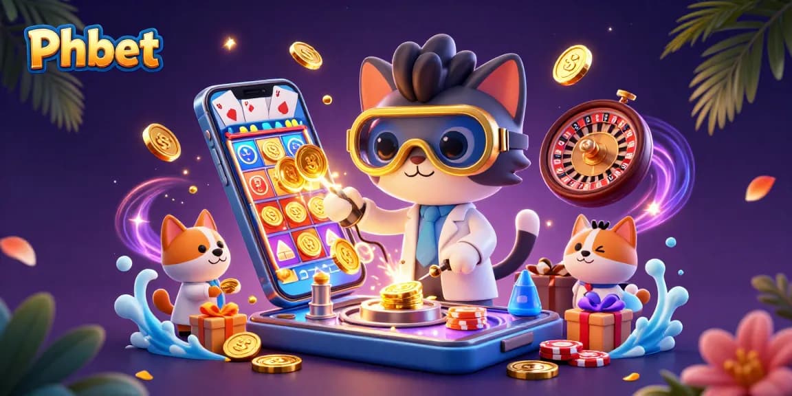 Engage in thrilling Phbet action with a mad scientist cat and its dog assistant amidst a vibrant casino scene.