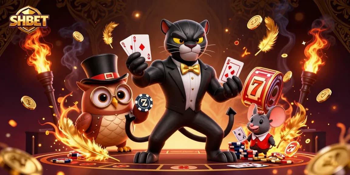 Experience thrilling SHBET casino games with a stylish panther dealer and whimsical companions.
