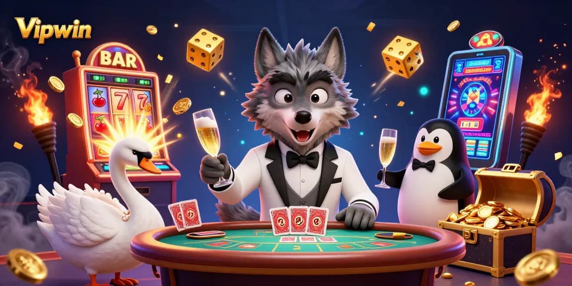 Experience the exciting world of Vipwin with a lively casino scene featuring a wolf, swan, and penguin.