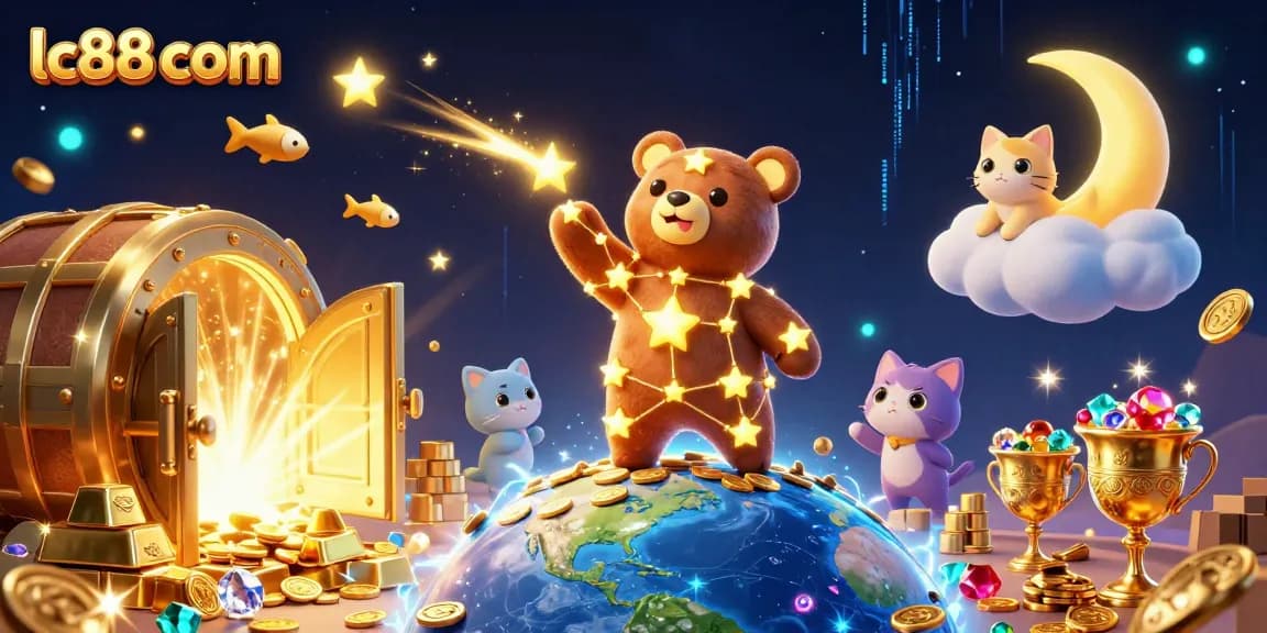 Experience winning at lc88 com with a vivid 3D casino scene, featuring treasure and dazzling gems.