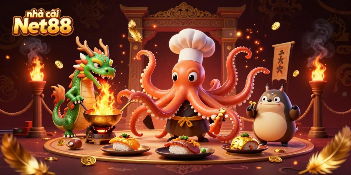 Immerse in the exciting world of nhà cái Net88 with a vibrant 3D illustration of a sushi chef octopus and a dragon.