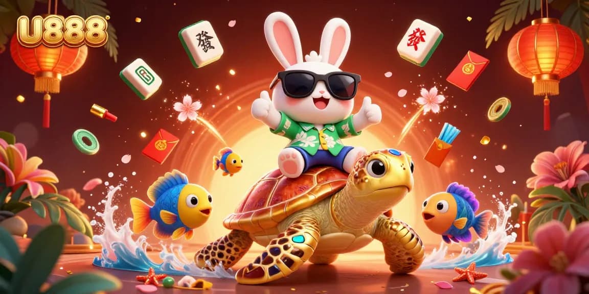 U888 delivers thrilling online gaming experiences with a lucky rabbit and golden sea turtle in a vibrant casino illustration.
