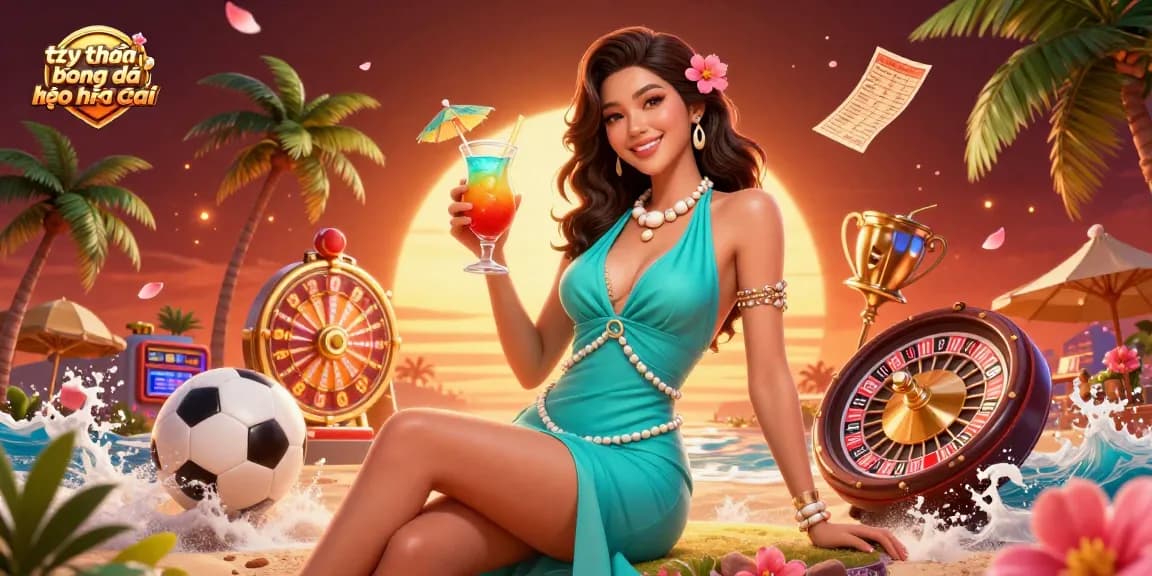 Engage with tỷ lệ bóng đá kèo nhà cái amidst a vibrant beach casino scene with sports betting elements.