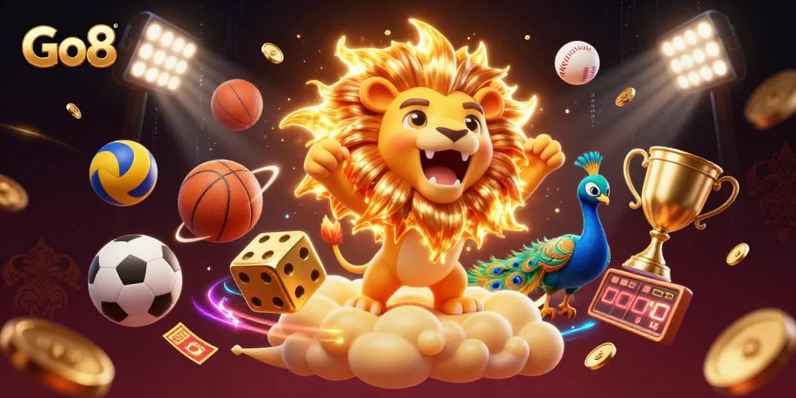 Go8 offers thrilling gameplay with a roaring lion amidst vibrant sports betting elements.