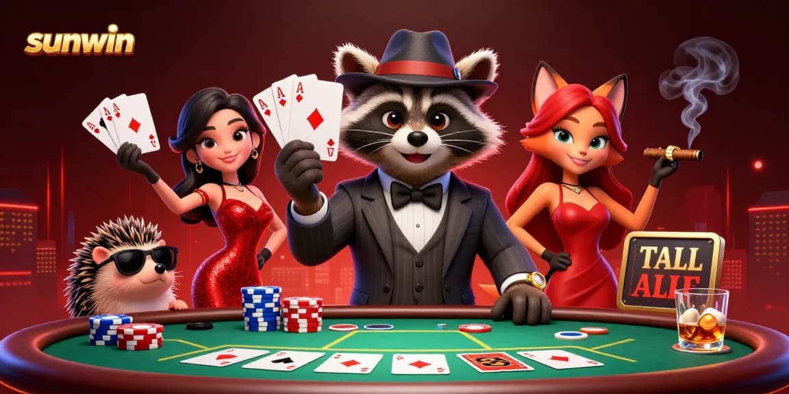 Experience sunwin's exciting casino environment with a raccoon, fox lady, and hedgehog bouncer at a poker table.