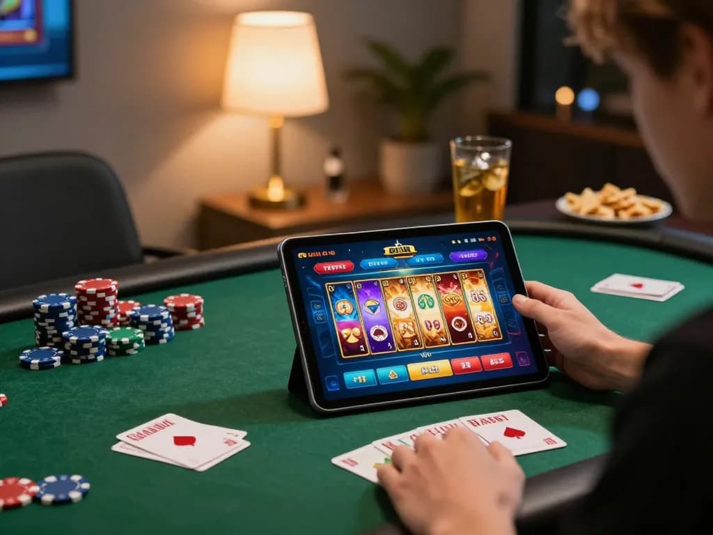 Explore top 10 game bài via engaging online gameplay on a tablet amidst a cozy atmosphere.