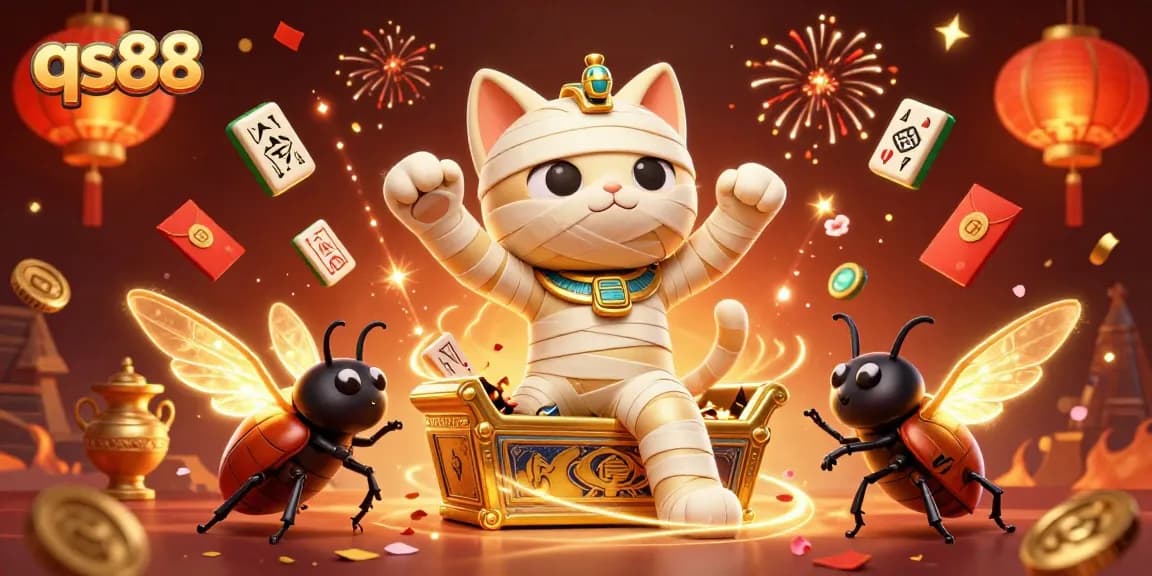 Experience thrilling gaming at qs88 with vibrant characters and casino elements celebrating victory.