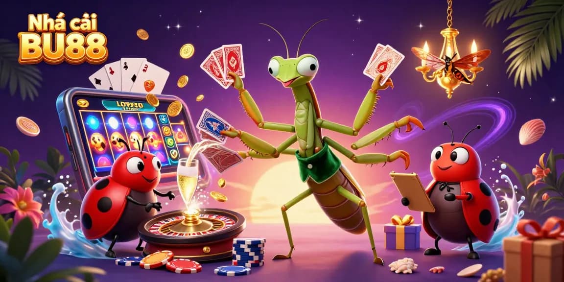 Engage with Nhà cái BU88 as the giant mantis deals cards amidst a vibrant casino scene.