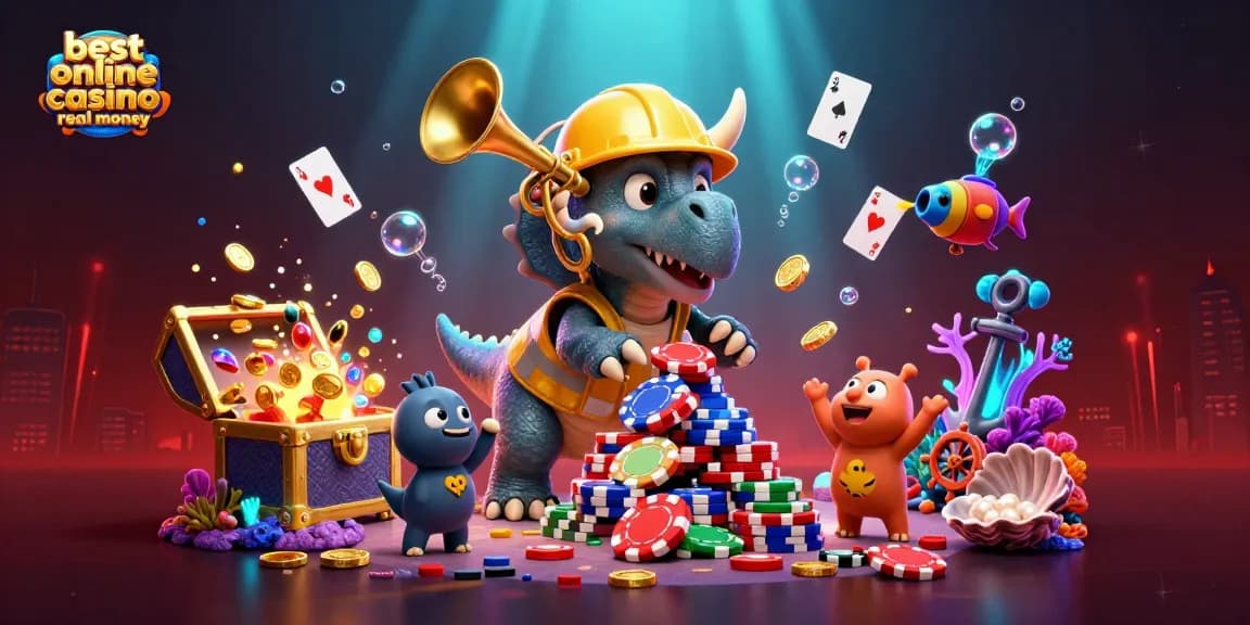 Build a poker chip pyramid with the best online casino real money elements in a vibrant underwater scene.