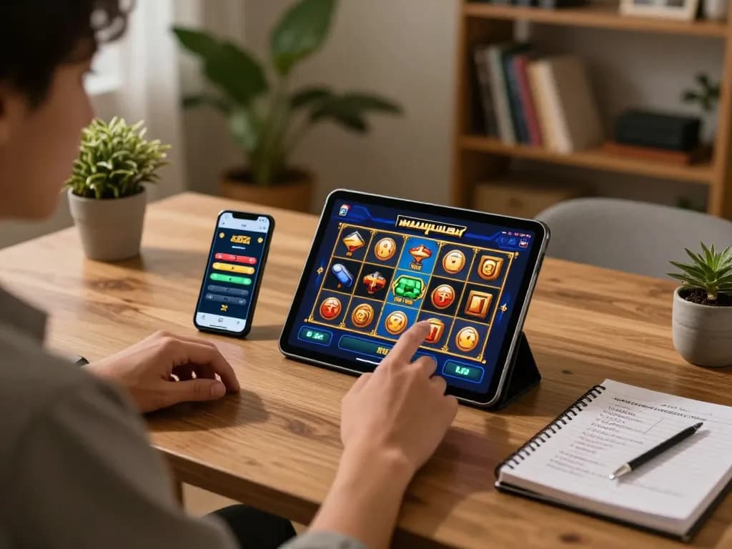 Person engaged in raja slot gameplay on a tablet, showing strategic notes and smartphone, cozy home office.