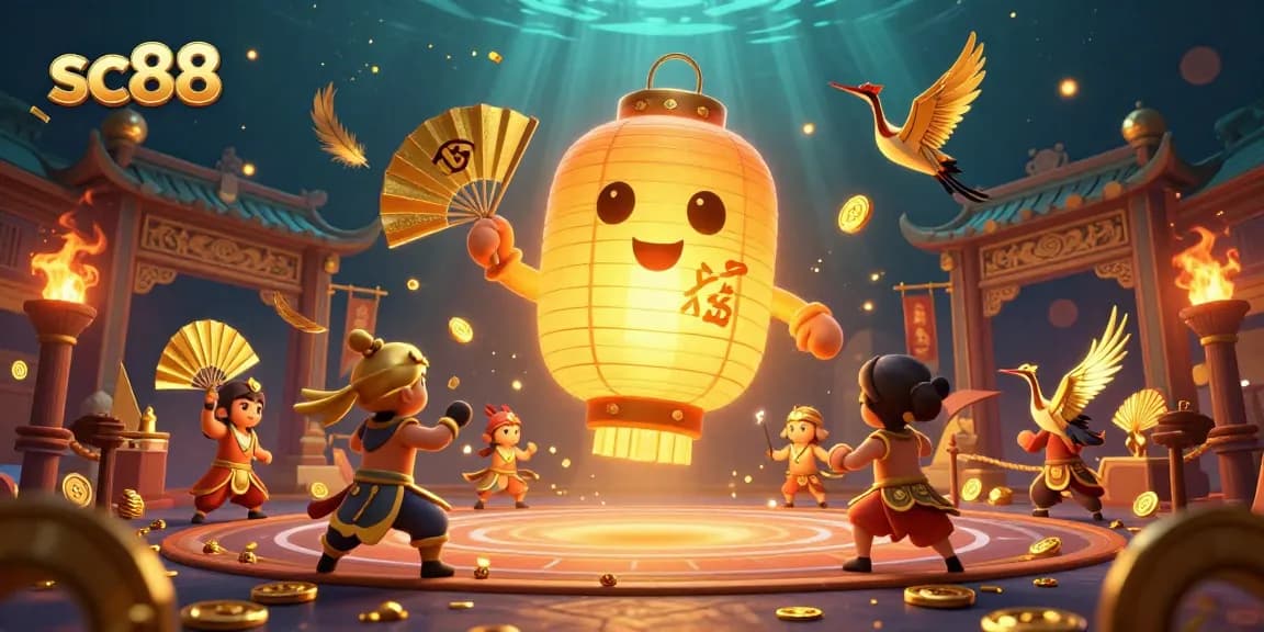Experience thrilling gaming at sc88 with a giant lantern spirit illuminating an Asian casino scene.
