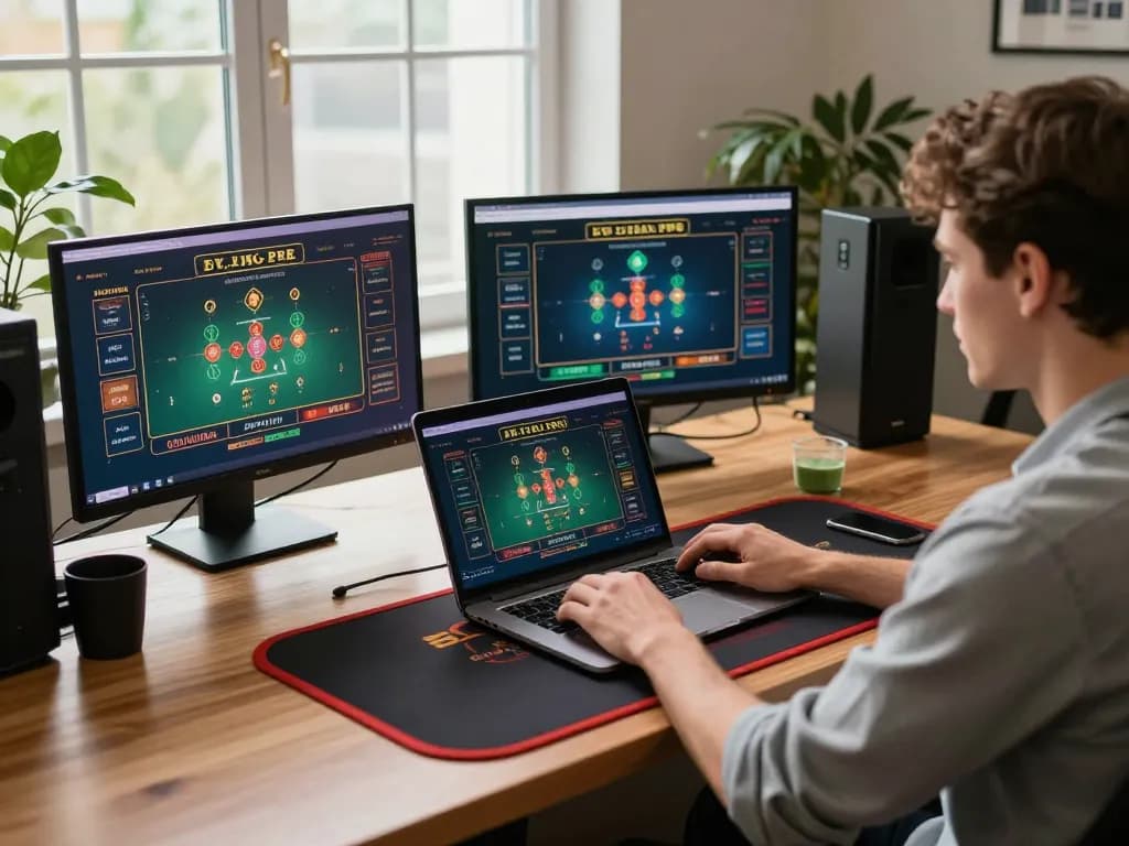 Engaged player analyzing strategies on nhà cái Net88 live casino game interface from stylish home setup.
