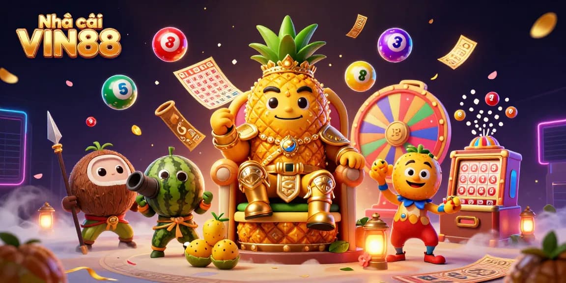 Experience the excitement of Nhà cái VIN88 with a vibrant beach casino scene featuring a golden pineapple king.