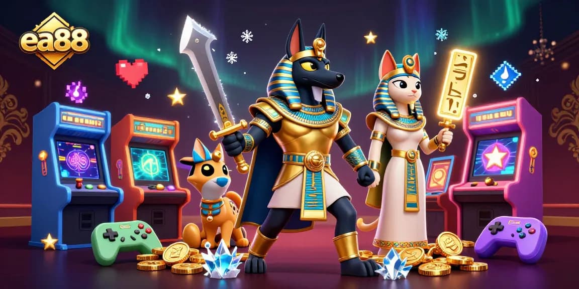 Win big at ea88 with vibrant 3D casino illustration featuring Anubis and Bastet!
