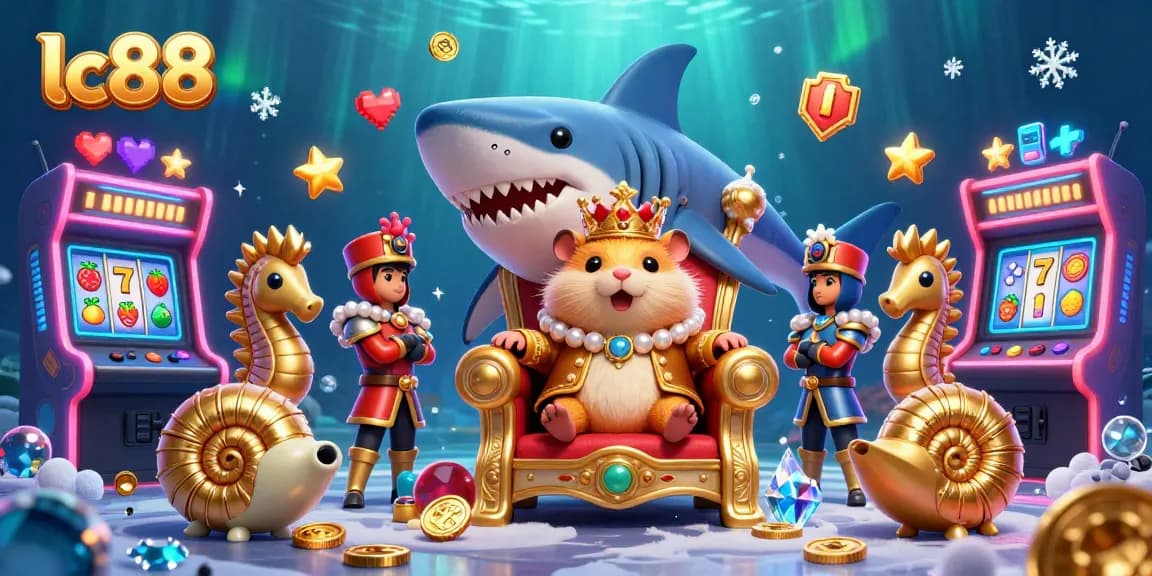 Experience lc88's vibrant gaming world with a cartoon hamster king on a megalodon throne.