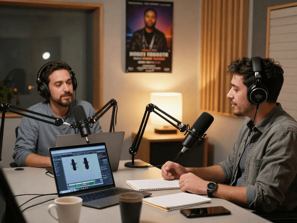 Podcast recording session featuring rokok88 login discussions with Brit Morin in a cozy, professional studio.
