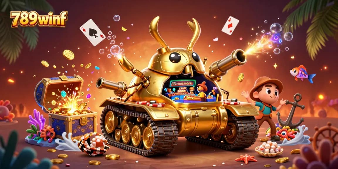 Enjoy the immersive 789winf casino experience inside a golden beetle tank bursting with coins.