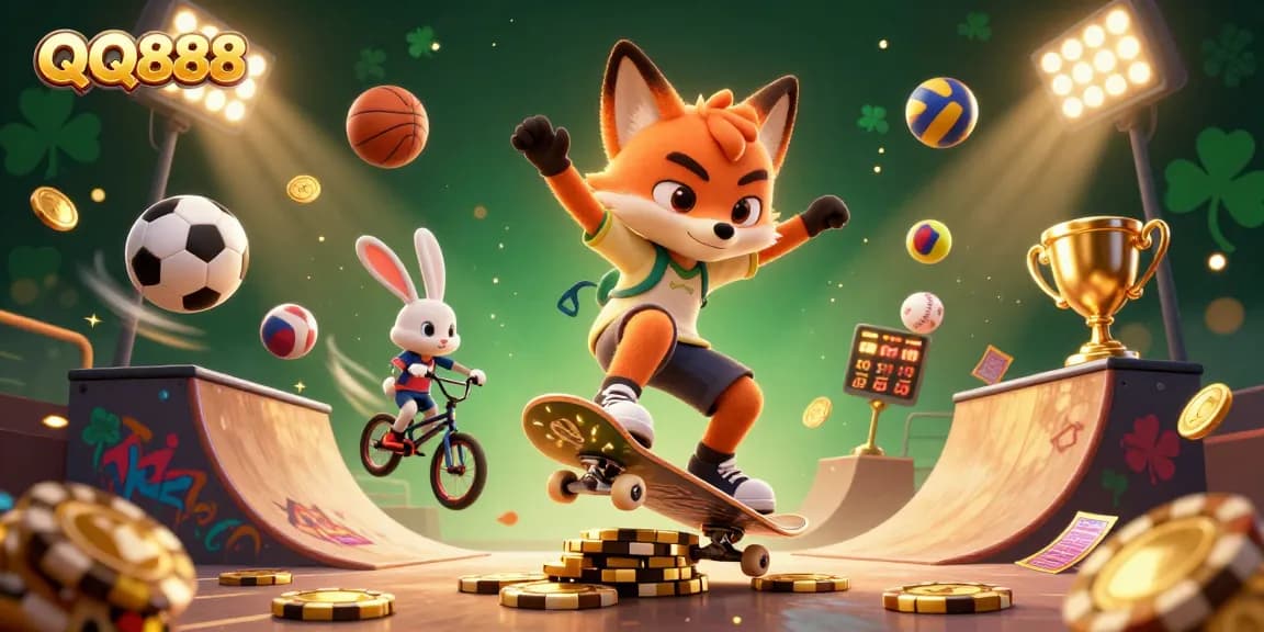 Experience QQ888's vibrant gaming scene with a dynamic cartoon fox and rabbit at a casino.