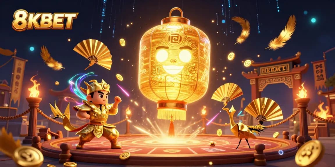 Experience the vibrant action of 8KBET with a 3D illustration of a golden lantern spirit and casino elements.