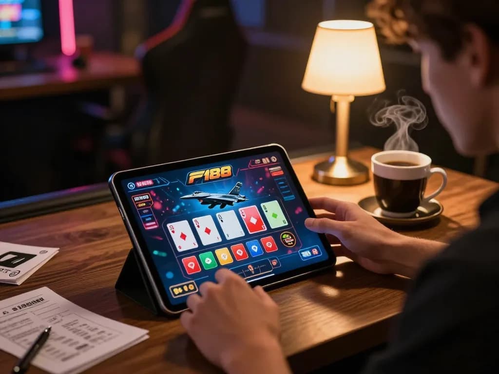 F168 online casino gaming setup with a user engaged on a tablet, showcasing vibrant game graphics.
