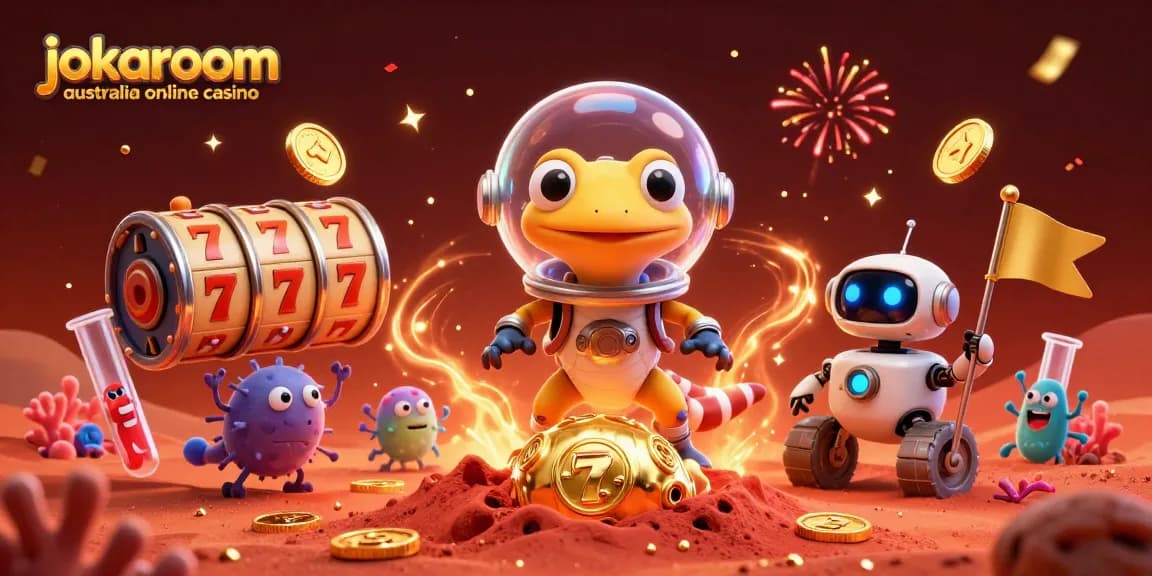 Experience the thrill of jokaroom australia online casino with a vibrant 3D illustration featuring a Martian gecko and slot reels.