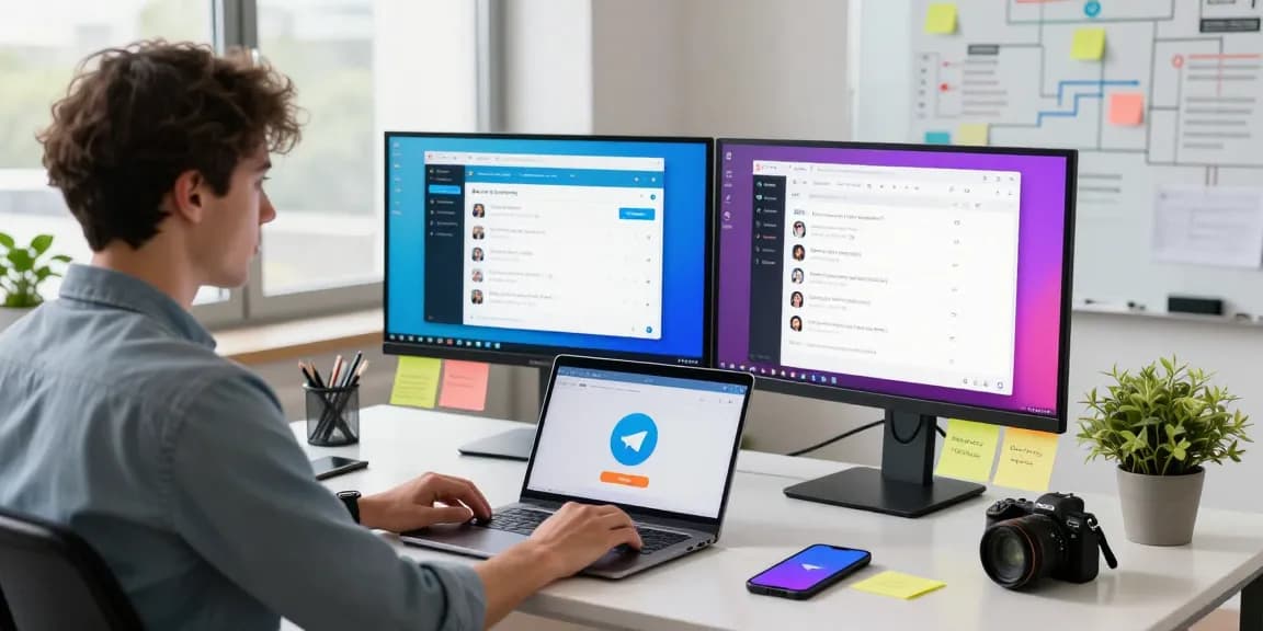 Engaging workspace showcasing Telegram web version on dual monitors with active chats and file sharing.
