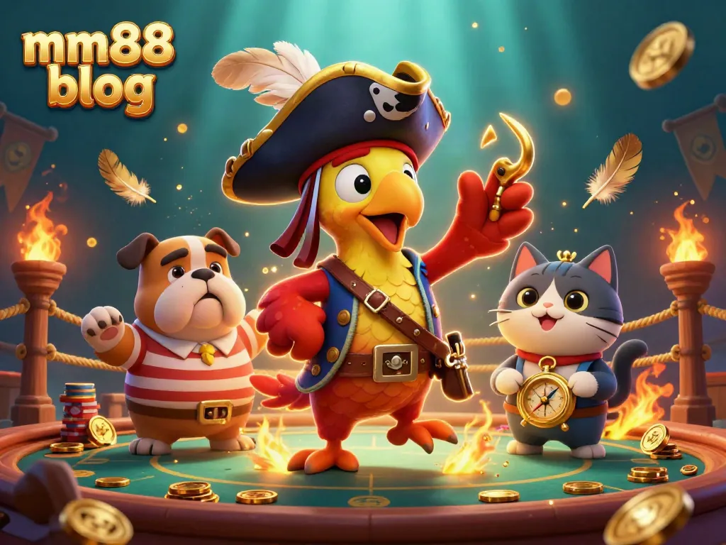 Experience the vibrant thrills of an online casino with mm88 blog, featuring an adventurous parrot captain in action.
