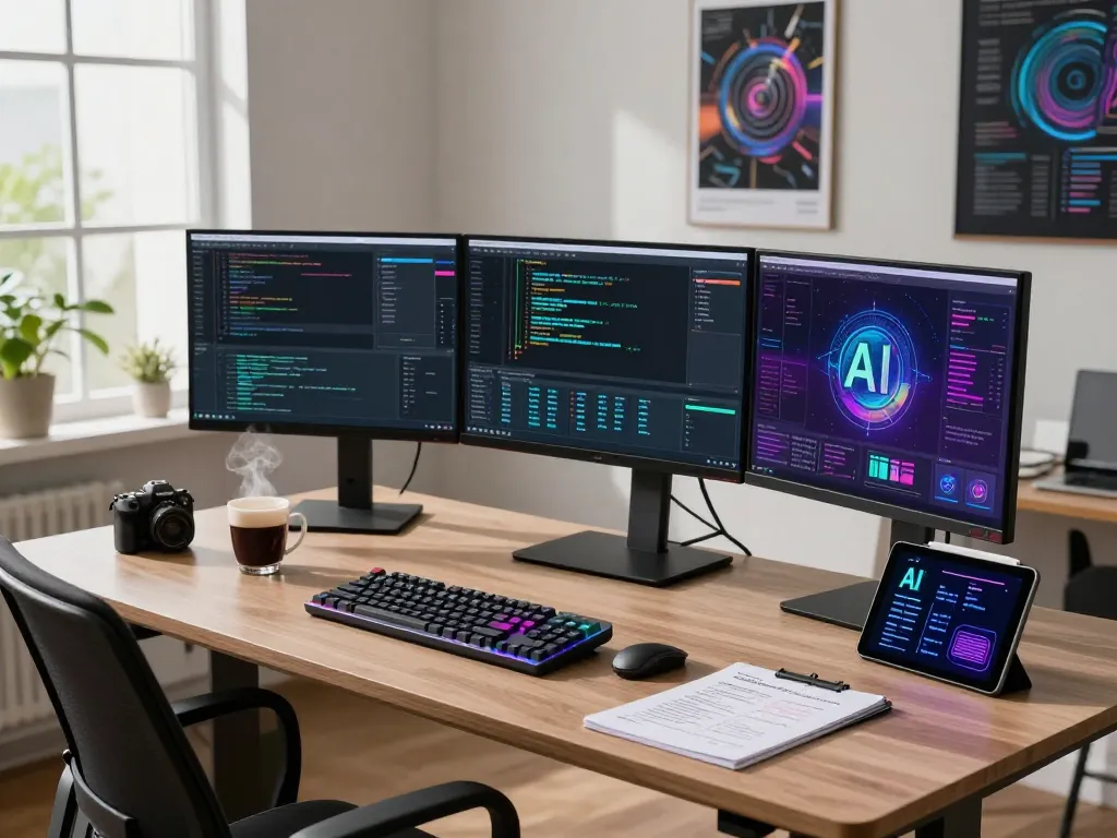 Developer coding in a modern tech workspace focused on innovative AI sex technologies.