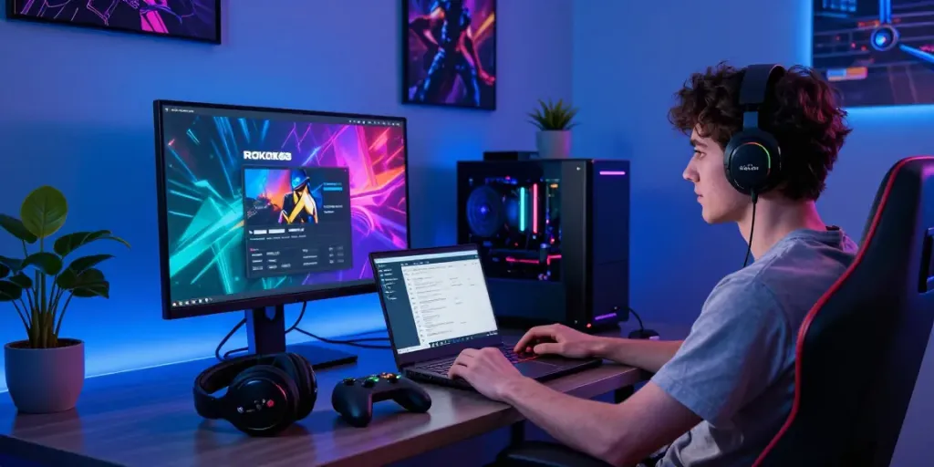 rokok88 login vibrant online gaming setup featuring gamer at desk