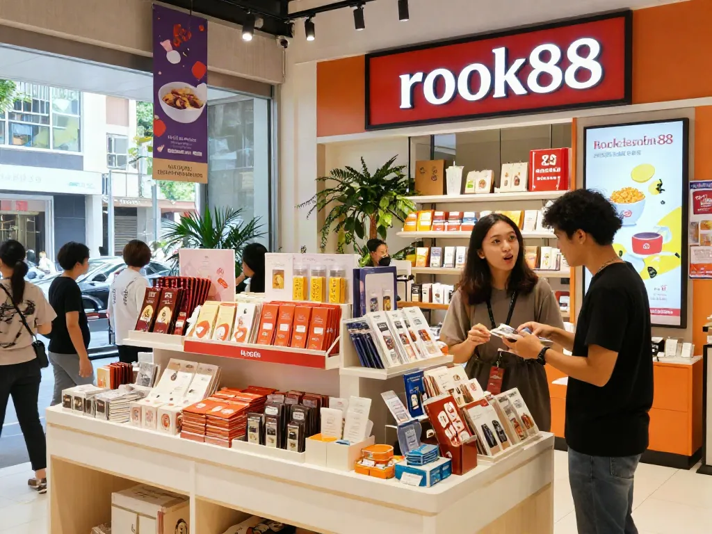 Shopper engaging with rokok88 brand products in a vibrant urban retail setting, showcasing modern merchandise.