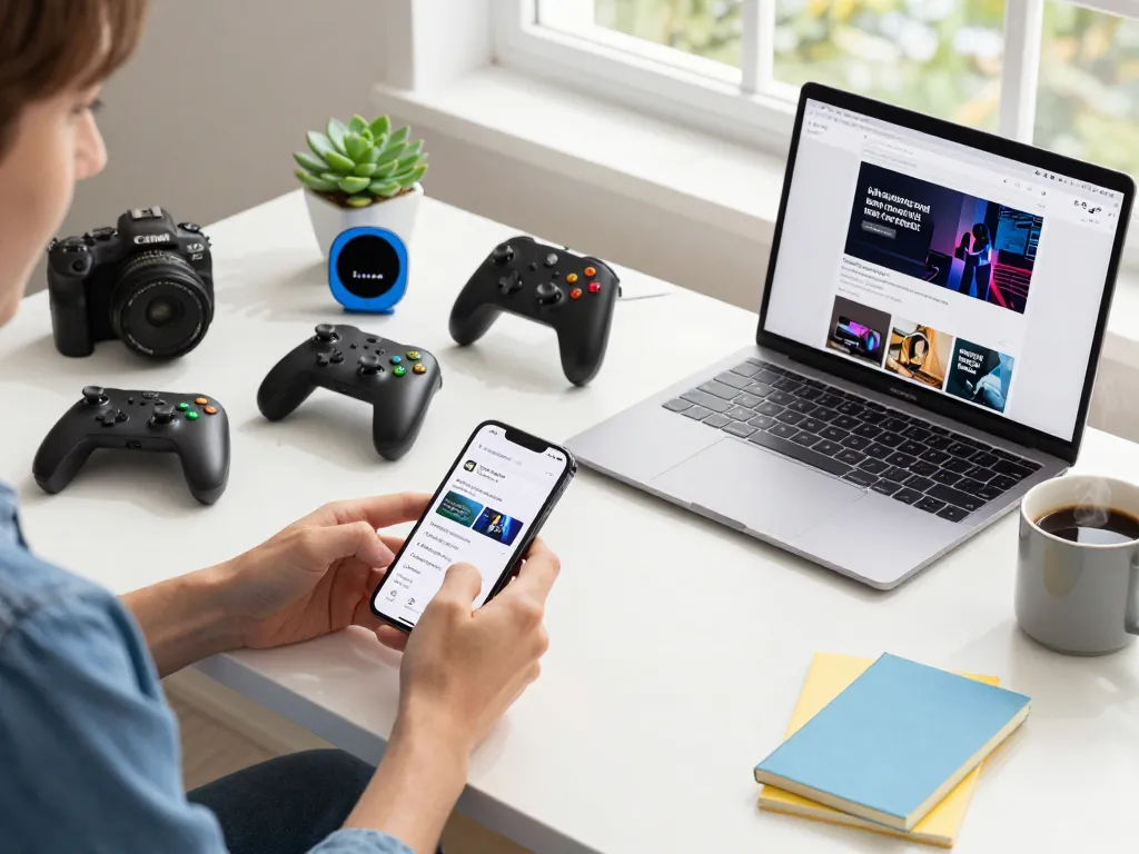 Affordable tech gadgets showcased in a vibrant workspace, featuring Bluetooth controllers and smart devices for a modern tech enthusiast.