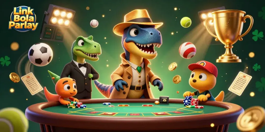 Engage in exciting bets with Link Bola Parlay while a velociraptor card counter interacts at a blackjack table.