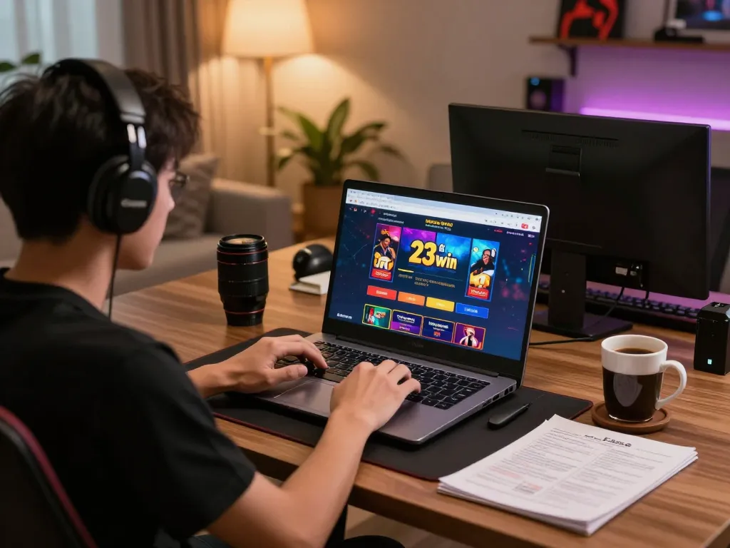 Gamer strategizing and playing games at the nhà cái 23win online casino platform in a cozy home setting.