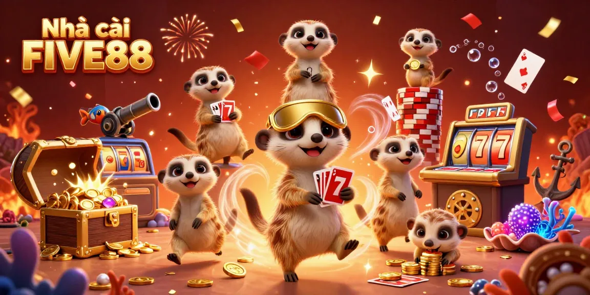 Experience an exciting scene at Nhà cái FIVE88 casino with animated meerkats engaging in thrilling gaming activities and surrounded by vibrant visuals.