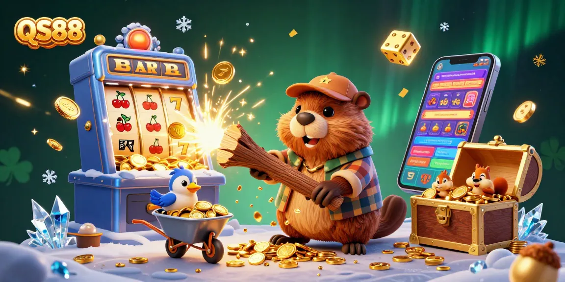 Experience QS88's thrilling world with a lively beaver, golden coins, and dynamic casino elements.