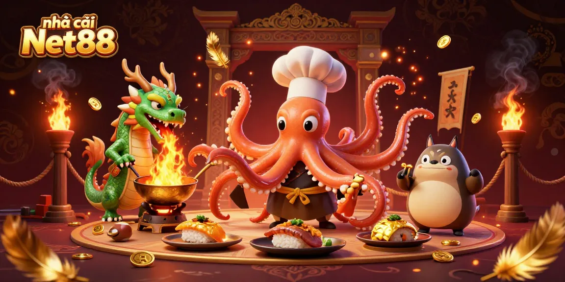 Immerse in the exciting world of nhà cái Net88 with a vibrant 3D illustration of a sushi chef octopus and a dragon.