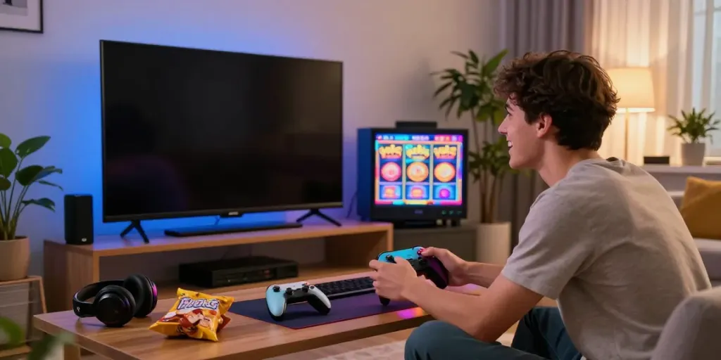 Exciting gaming atmosphere featuring rokok88 slot on a large screen