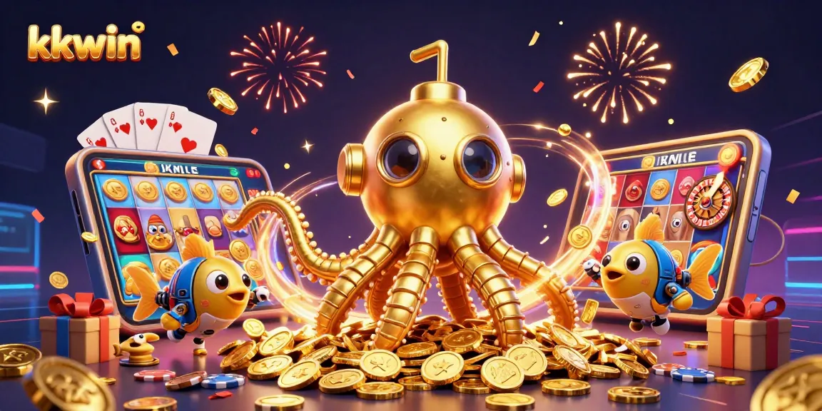 Experience the excitement of kkwin with a vibrant 3D illustration of a golden kraken and casino elements.