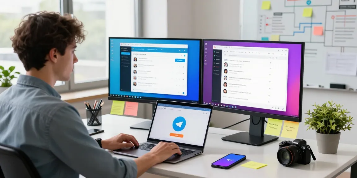 Engaging workspace showcasing Telegram web version on dual monitors with active chats and file sharing.