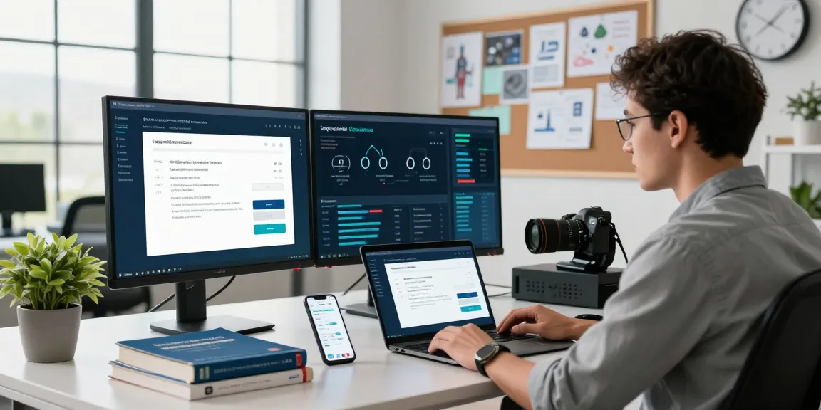 IT specialist managing cyber essentials certification processes in a modern workspace.