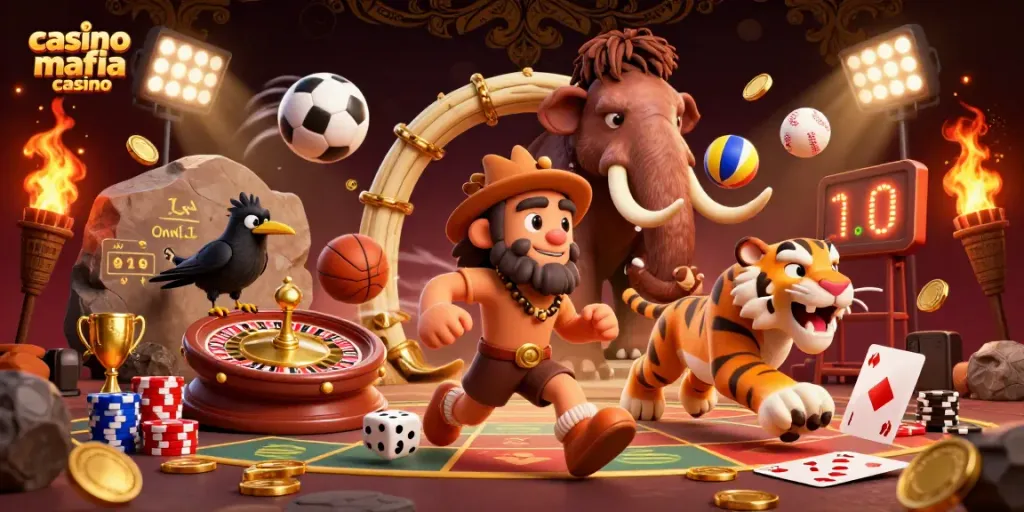 Engage with casino mafia casino's dynamic gameplay in a vibrant 3D scene featuring cavemen and sports elements, showcasing fun bets.
