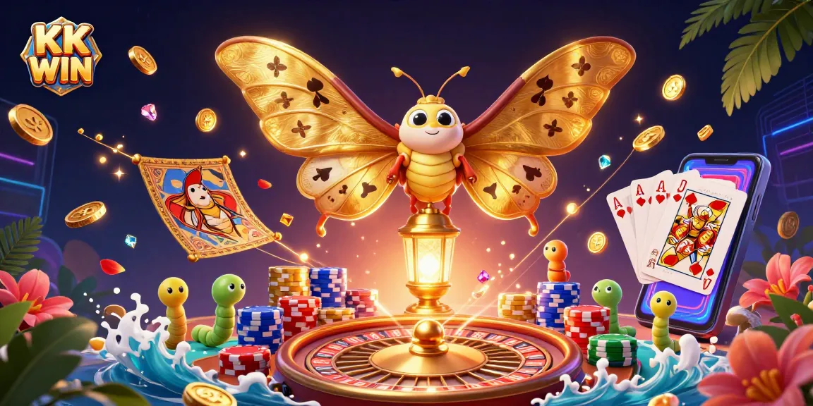 Experience winning with KK WIN in this vibrant casino scene featuring golden coins and illuminated game elements.