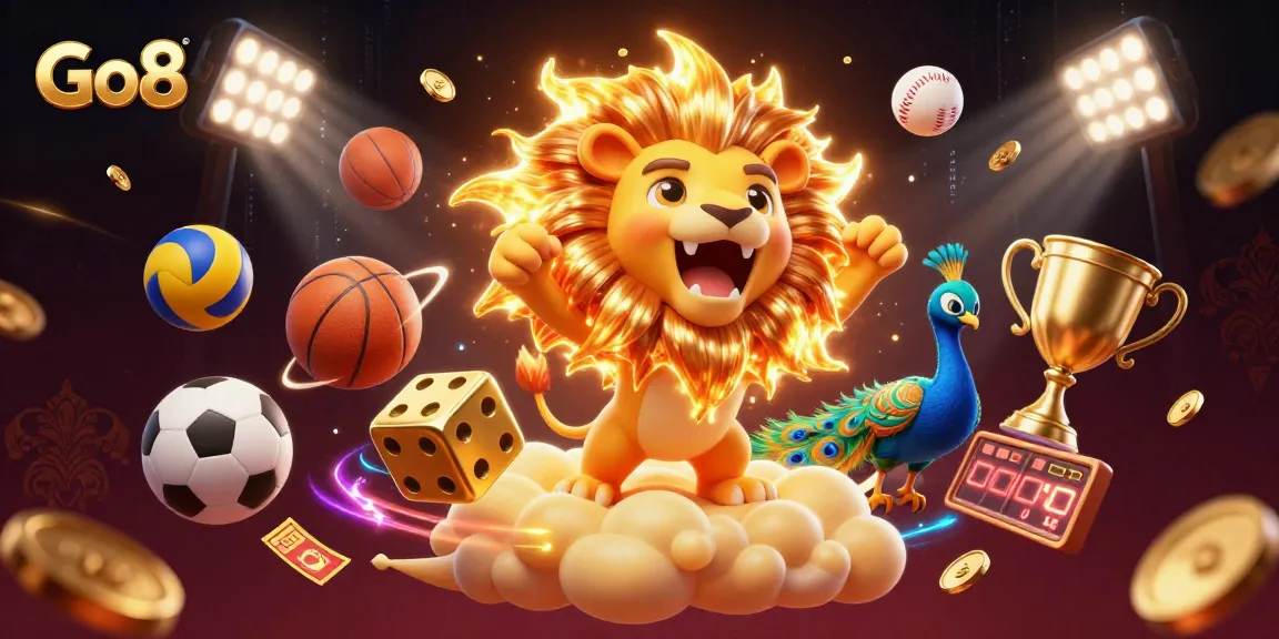Go8 offers thrilling gameplay with a roaring lion amidst vibrant sports betting elements.