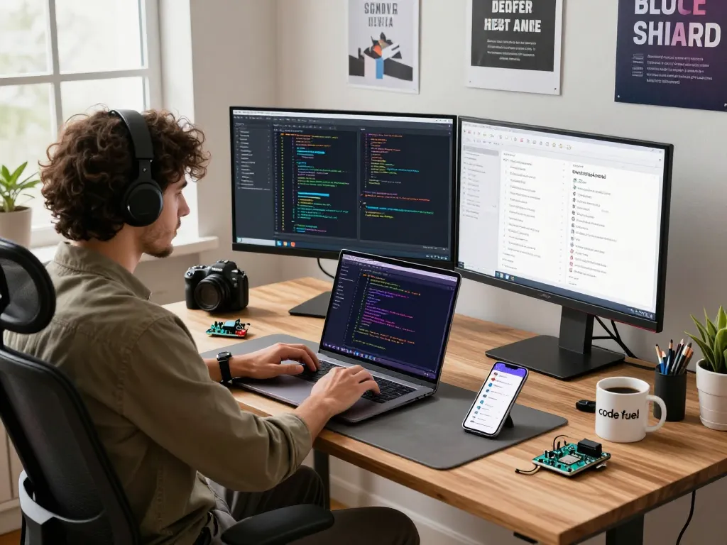 Developer using clawdbot AI on a modern workspace with multiple screens and tech gadgets.