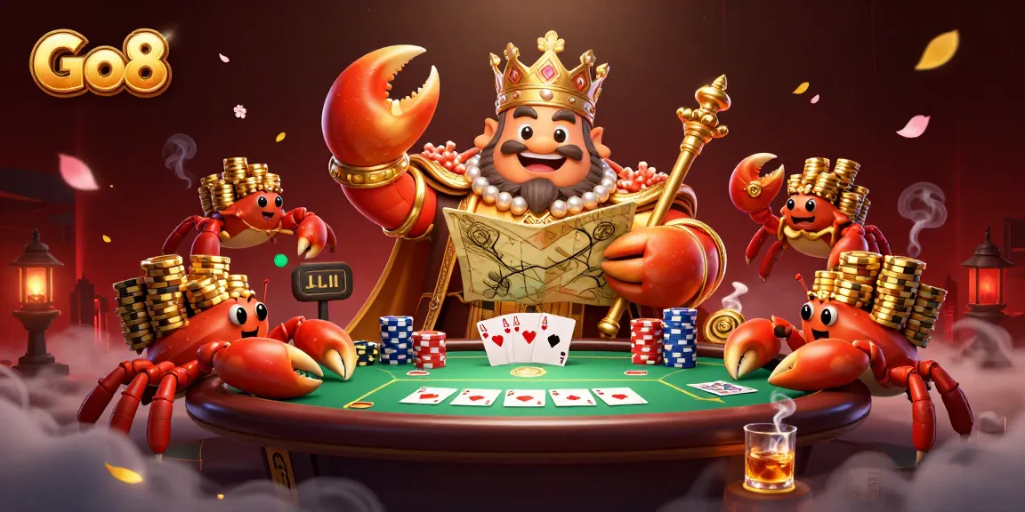 Go8's golden crab emperor rules a vibrant online casino with poker excitement and treasure.