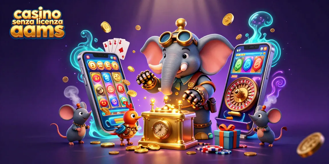 Engaging scene depicting casino senza licenza aams with a steampunk elephant, operating a golden slot machine, surrounded by exciting gaming elements.