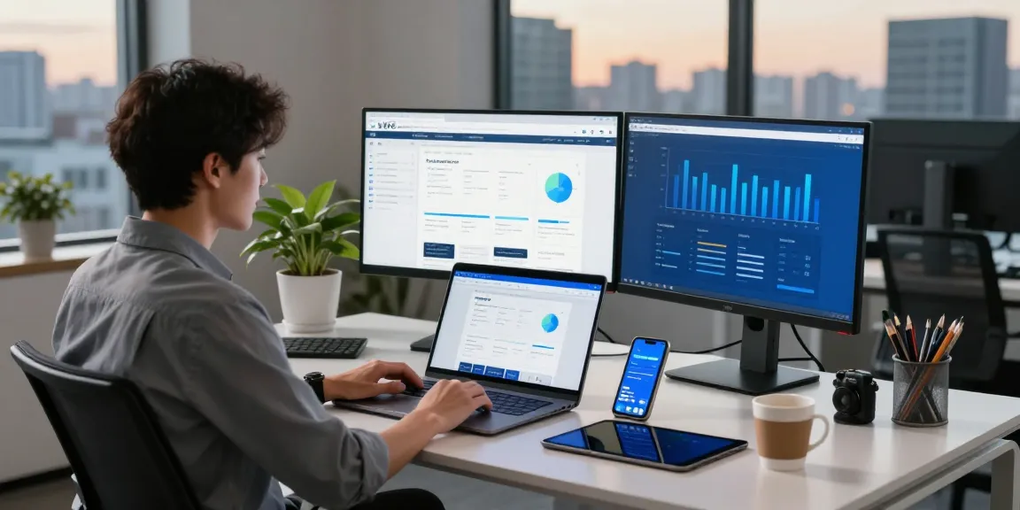 Professional workspace showcasing the WPS Official Website on monitors, with a contemporary design and tech tools.