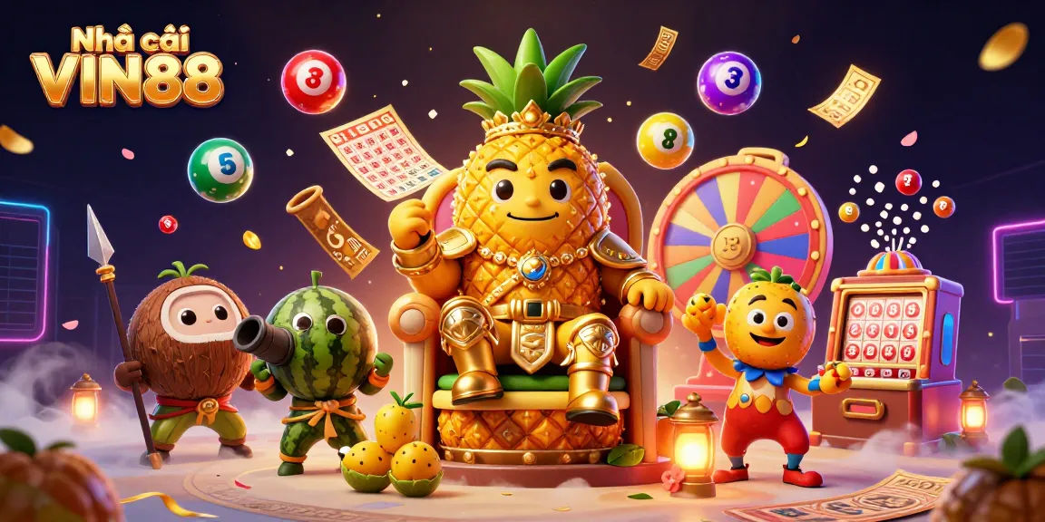 Experience the excitement of Nhà cái VIN88 with a vibrant beach casino scene featuring a golden pineapple king.