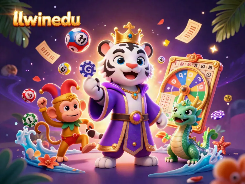 Experience gaming thrills with llwinedu in a vibrant 3D scene of a tiger, monkey, and a jade dragon.