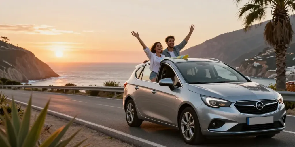 Noleggio lungo termine Opel in un viaggio costiero al tramonto, auto e coppia sorridente.